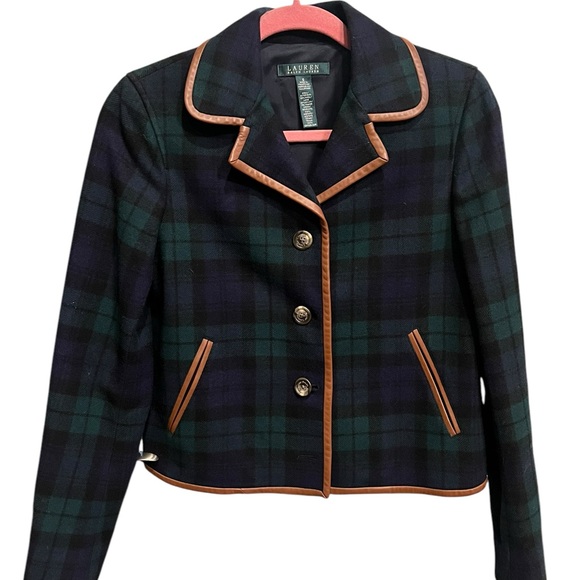 Ralph Lauren Women's Navy Blue, Green Plaid Jacket with brown leather trim acc